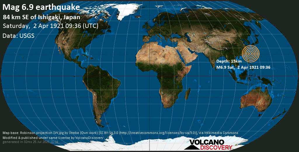 Major mag. 7.0 earthquake - Southwestern Ryukyu Islands, Japan on Saturday, 2 April 1921