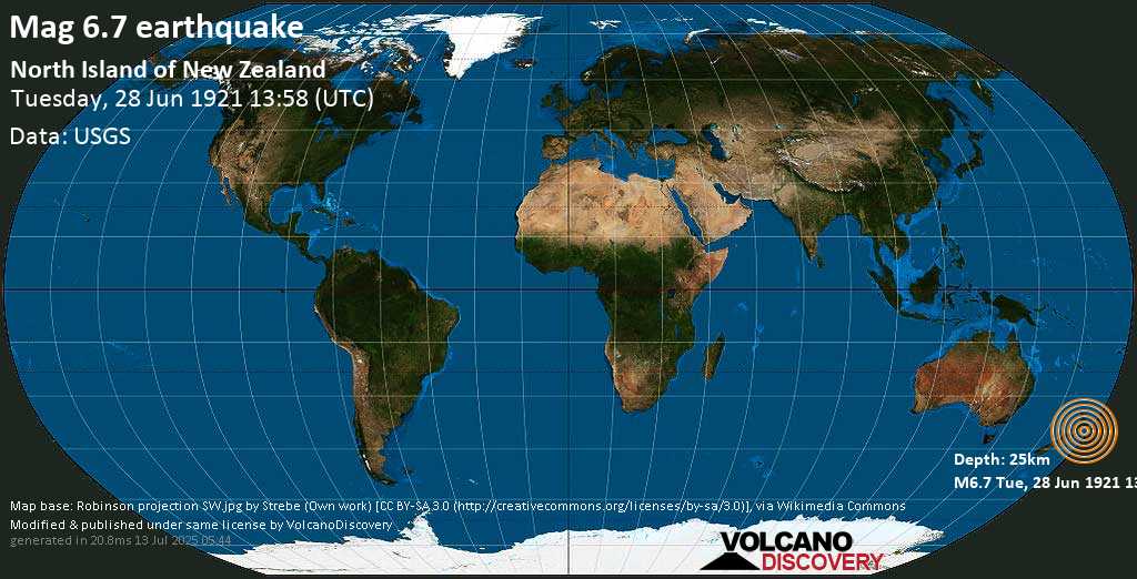 Very strong mag. 6.7 earthquake - 5.9 km southeast of Hastings, Hawke\'s Bay, New Zealand, on Tuesday, 28 June 1921 at 13:58 (GMT)