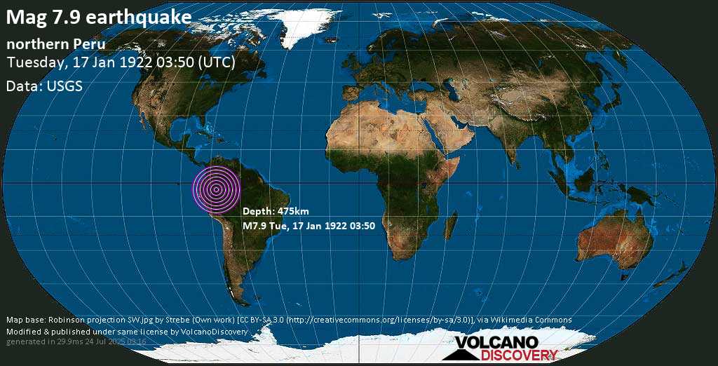 Major magnitude. 7.9 earthquake - Northern Peru on Tuesday, 17 January 1922 at 03:50 (GMT)