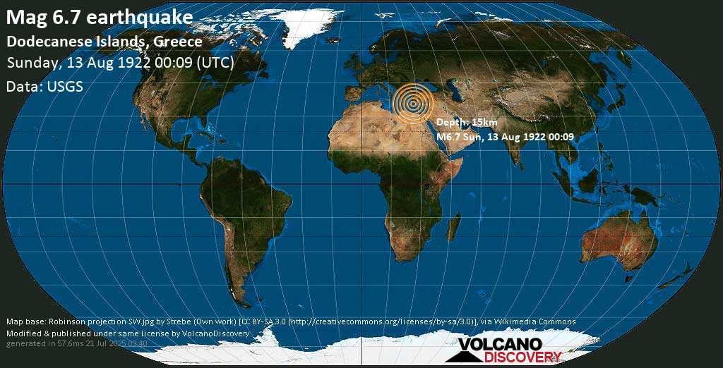 Major magnitude 6.7 earthquake - Eastern Mediterranean, 36 km southeast of Karpathos, Greece, on Sunday, August 13, 1922 at 00:09 (GMT)