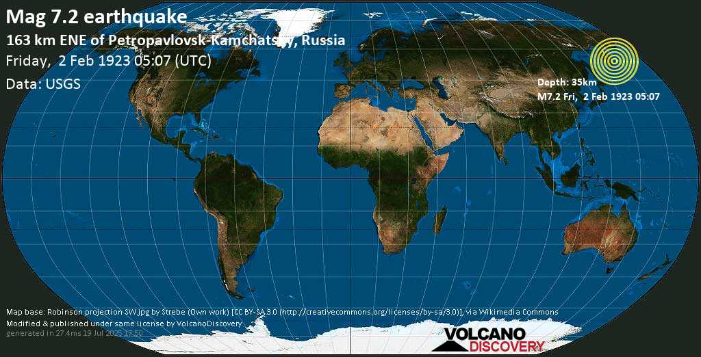 Major mag. 7.2 earthquake - Near the East Coast of the Kamchatka Peninsula, Russia on Friday, 2 February 1923