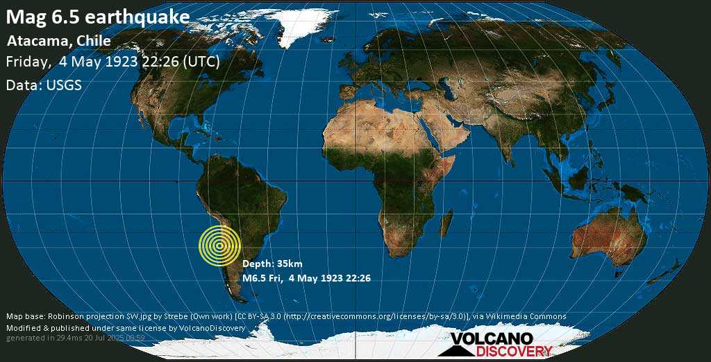 Very strong mag. 6.5 earthquake - Atacama, Chile, on Friday, May 4, 1923 at 22:26 GMT