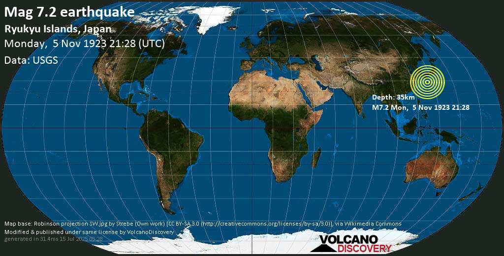 Very strong mag. 6.9 earthquake - 112 km northeast of Naze, Amami Shi, Kagoshima, Japan, on Monday, Nov 5, 1923 at 9:28 pm (GMT +0)