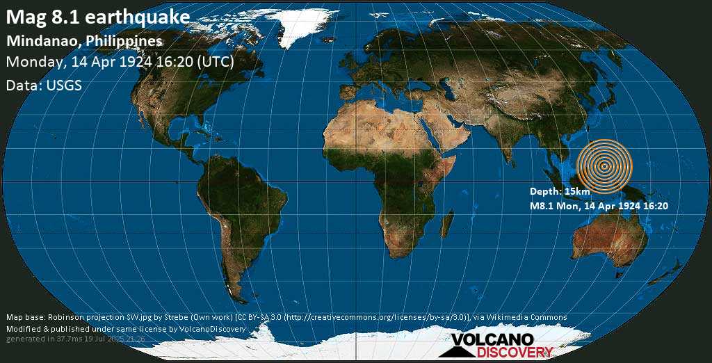 Major magnitude 8.0 earthquake - Philippines Sea, 5.9 km west of La Union, Philippines, on Monday, 14 April 1924 at 16:20 (GMT)