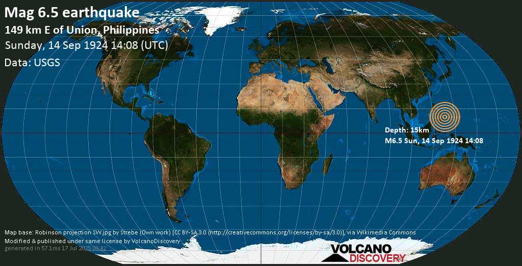 Very strong mag. 6.4 earthquake - 163 km northeast of Tandag, Province of Surigao del Sur, Caraga, Philippines, on Sunday, September 14, 1924 at 14:08 GMT
