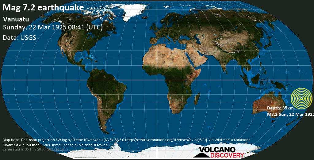 Major mag. 7.2 earthquake - Vanuatu on Sunday, 22 March 1925