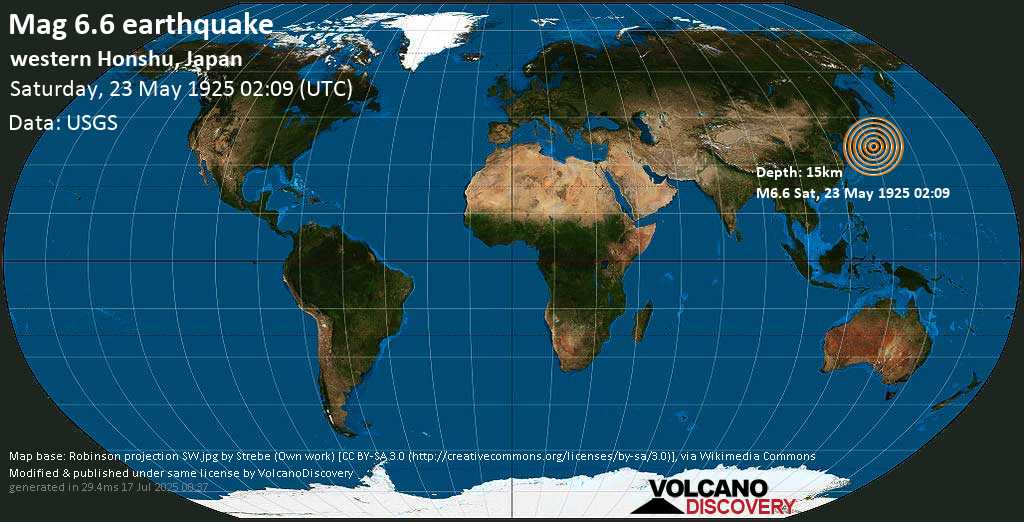 Very strong mag. 6.6 earthquake - 17 km northwest of Fukuchiyama, Kyoto, Japan, on Saturday, 23 May 1925 at 02:09 (GMT)