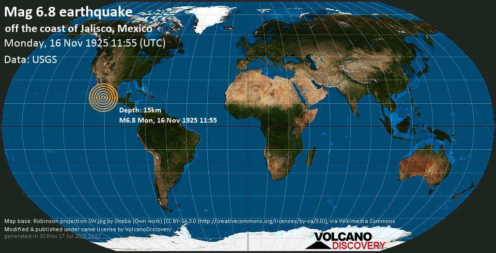Major magnitude 7.0 earthquake - North Pacific Ocean, 273 km west of Manzanillo, Colima, Mexico, on Monday, November 16, 1925 at 11:55 (GMT)