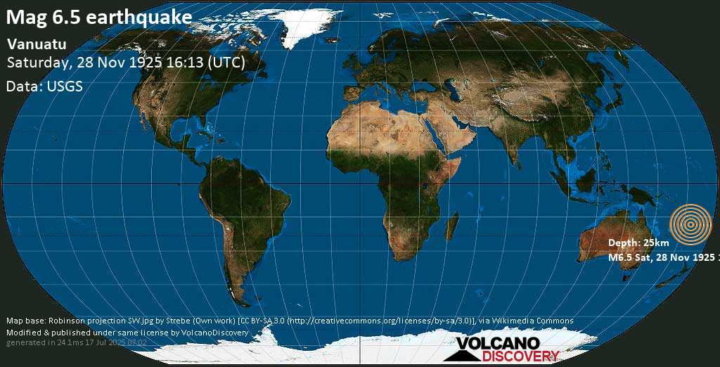 Strong mag. 6.6 earthquake - Vanuatu on Saturday, 28 November 1925