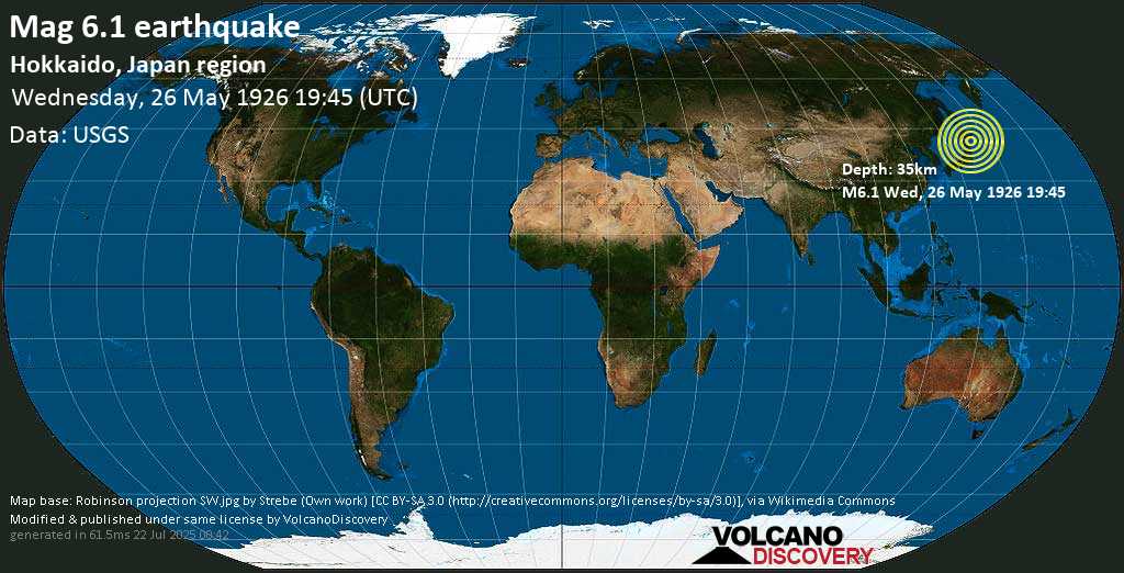 Strong mag. 6.3 earthquake - Hokkaido, Japan Region, on Wednesday, 26 May 1926 at 19:44 (GMT)