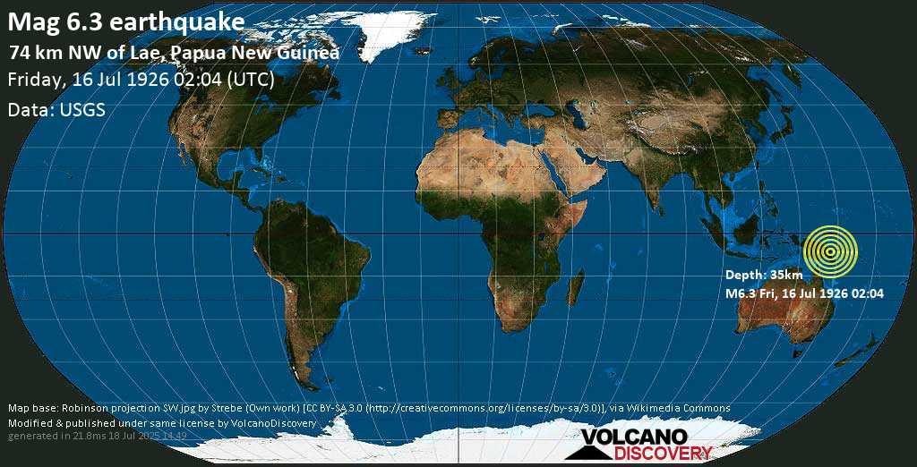 Strong mag. 6.3 earthquake - Eastern New Guinea Region, Papua New Guinea on Friday, 16 July 1926