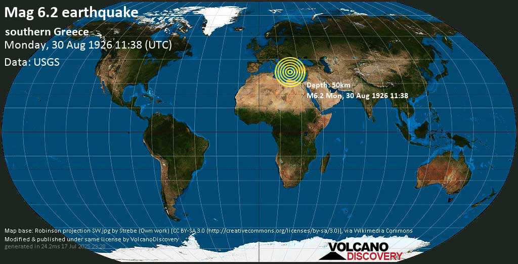 Strong mag. 6.3 earthquake - 14 km south of Gefyra, Laconia, Peloponnese, Greece, on Monday, August 30, 1926 at 11:38 (GMT)