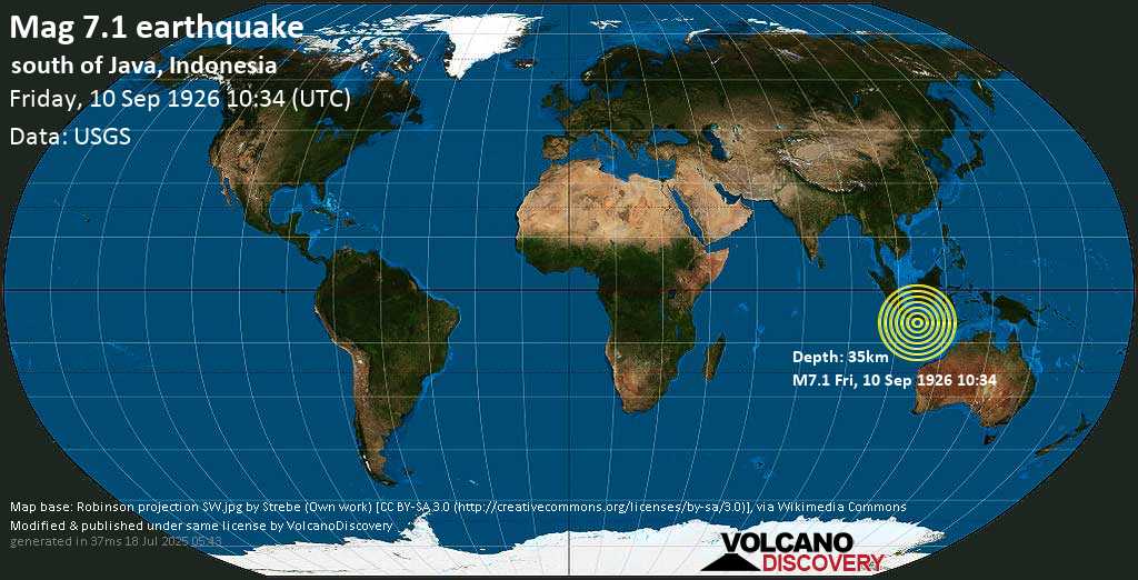 Major magnitude. 7.1 earthquake - South of Java, Indonesia, on Friday, 10 September 1926 at 10:34 (GMT)