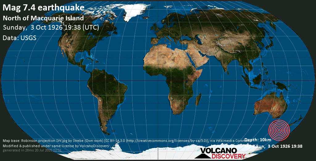 Major magnitude. 7.4 earthquake - North of Macquarie Island on Sunday, 3 October 1926 at 19:38 (GMT)