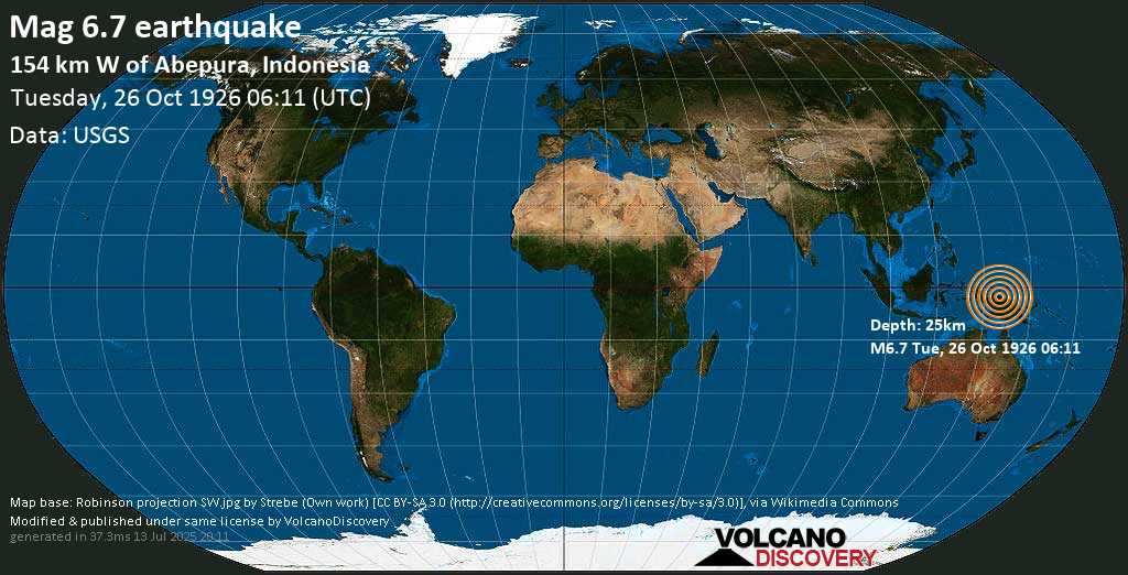 Very strong mag. 6.6 earthquake - 148 km west of Abepura, Papua, Indonesia, on Tuesday, 26 October 1926 at 06:11 (GMT)