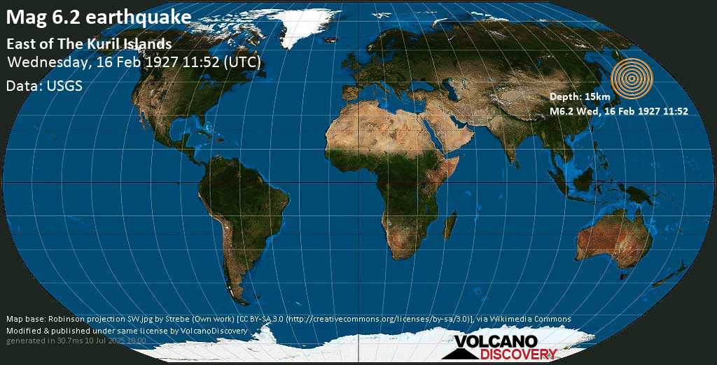 Very strong mag. 6.3 earthquake - North Pacific Ocean, Russia, on Wednesday, 16 February 1927 at 11:52 (GMT)