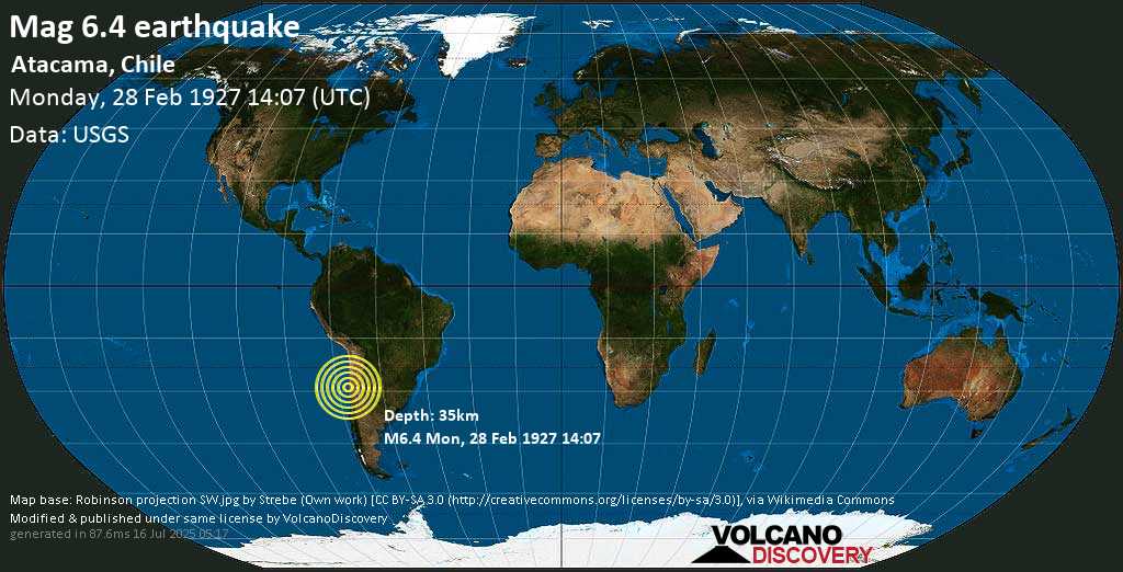 Strong mag. 6.5 earthquake - Atacama, Chile on Monday, 28 February 1927