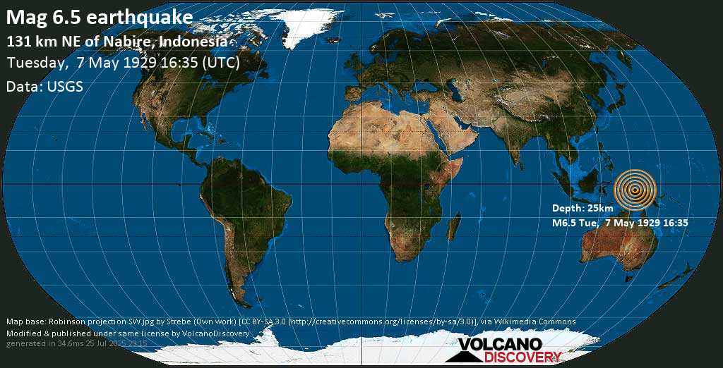 Very strong mag. 6.5 earthquake - South Pacific Ocean, 56 km northeast of Pulau Nutorutomorya Island, Indonesia, on Tuesday, 7 May 1929 at 16:35 (GMT)