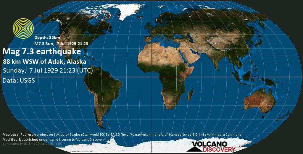Major magnitude 7.3 earthquake - Bering Sea, 23 mi south of Tannaga Island, Aleutians West County, Alaska, USA, on Sunday, 7 July 1929 at 21:23 (GMT)
