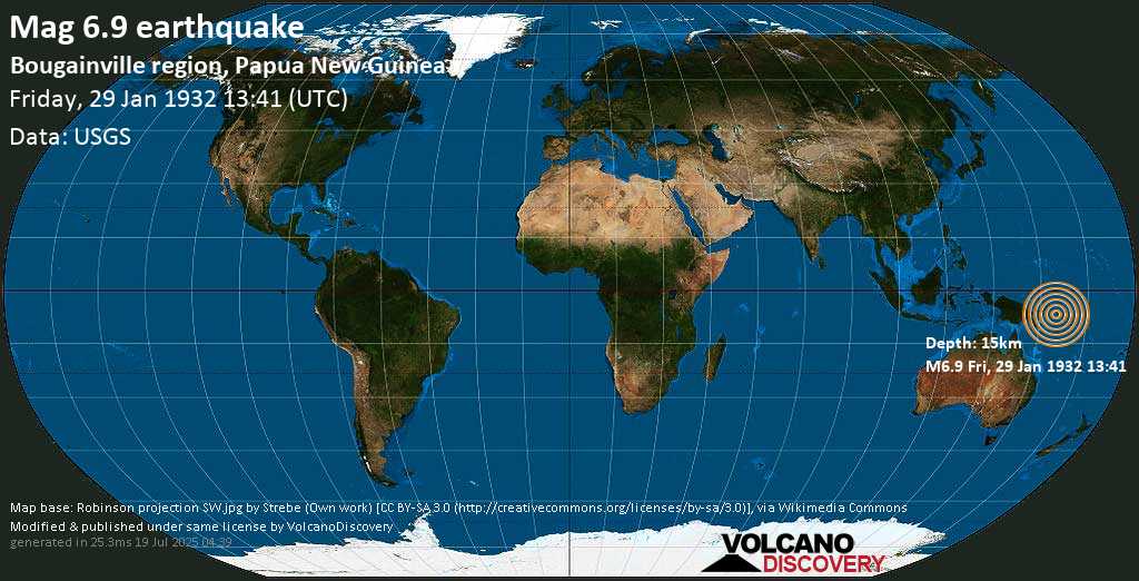 Major magnitude 7.2 earthquake - 152 km west of Arawa, Bougainville, Papua New Guinea, on Friday, January 29, 1932 at 13:41 GMT