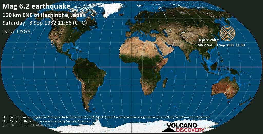 Strong mag. 6.2 earthquake - Off the East Coast of Honshu, Japan, on Saturday, 3 September 1932 at 11:58 (GMT)