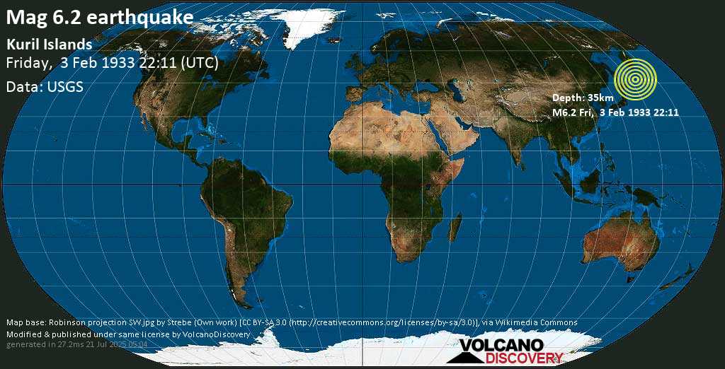 Strong mag. 6.2 earthquake - Kuril Islands (Russia) on Friday, 3 February 1933 at 22:11 (GMT)