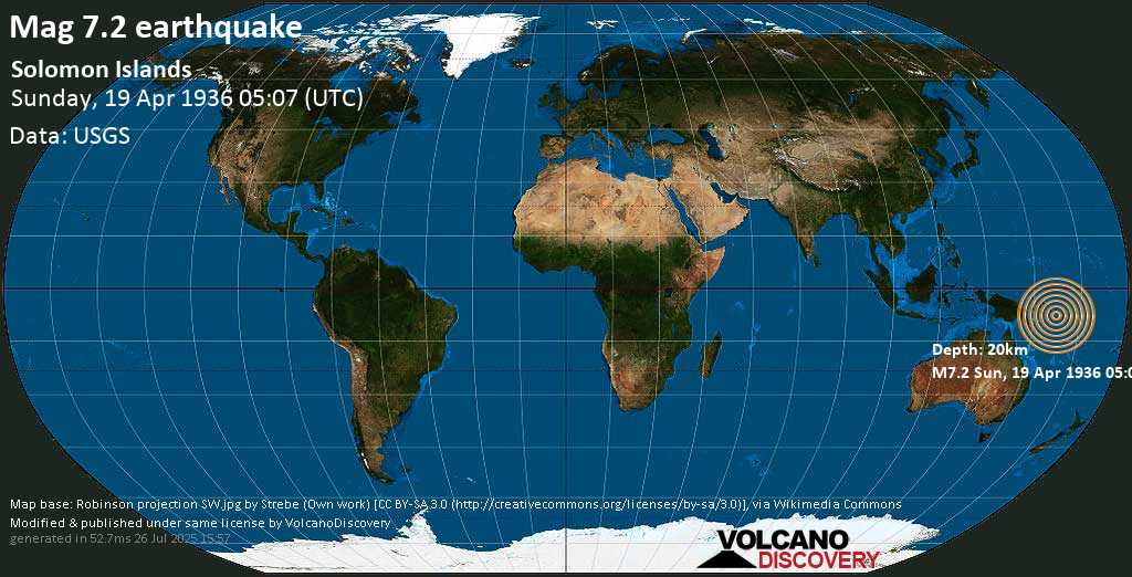 Major magnitude 7.4 earthquake - Solomon Islands on Sunday, April 19, 1936 at 05:07 GMT