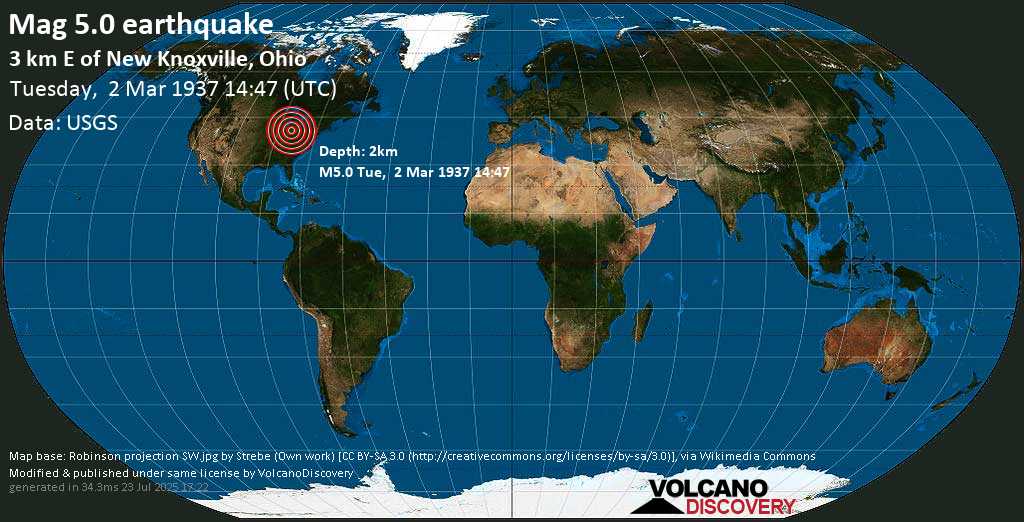 Strong mag. 5.0 earthquake - 2.2 mi east of Knoxville, Auglaize County, Ohio, USA, on Tuesday, March 2, 1937 at 14:47 (GMT)