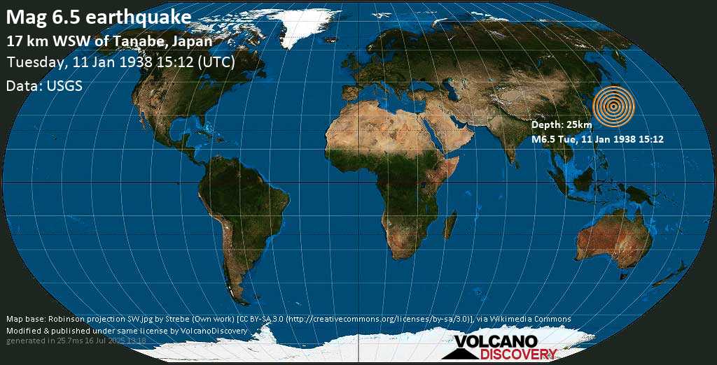 Very strong mag. 6.5 earthquake - Philippines Sea, 18 km southwest of Tanabe, Wakayama, Japan, on Tuesday, 11 January 1938 at 15:12 (GMT)