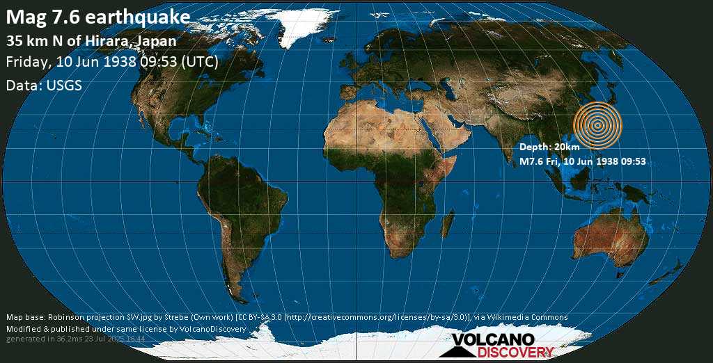 Major mag. 7.7 earthquake - Southwestern Ryukyu Islands, Japan on Friday, 10 June 1938