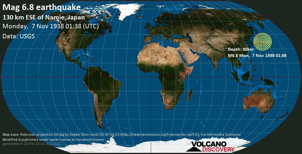 Strong mag. 6.5 earthquake - Off the East Coast of Honshu, Japan on Monday, 7 November 1938