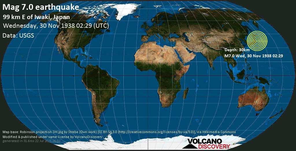 Very strong mag. 6.8 earthquake - North Pacific Ocean, 263 km northeast of Tokyo, Japan, on Wednesday, November 30, 1938 at 02:29 (GMT)