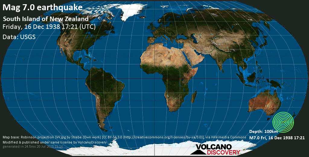 Major mag. 7.0 earthquake - South Island of New Zealand on Friday, 16 December 1938 at 17:21 (GMT)