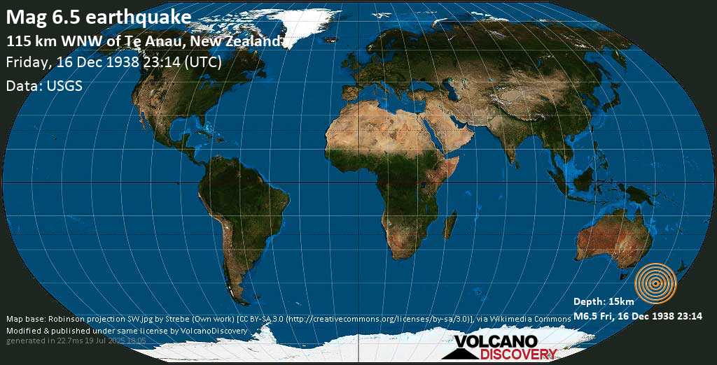 Forte terremoto magnitudine 6.6 - Tasman Sea, 61 km a nord ovest da Bauza , Nuova Zelanda, venerdì, 16 dicembre 1938