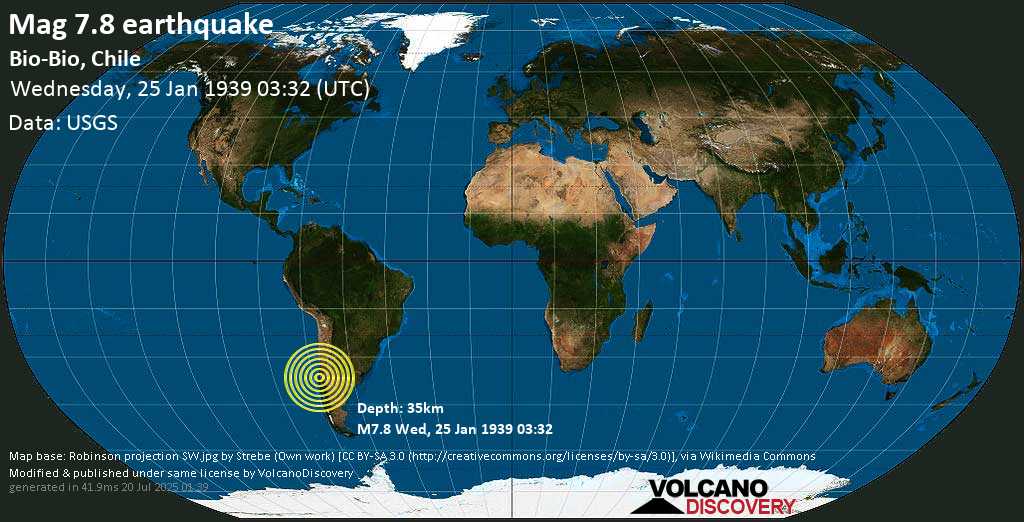 Major mag. 7.8 earthquake - Bio-Bio, Chile on Wednesday, 25 January 1939