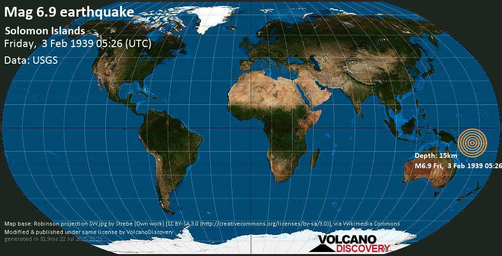 Major mag. 7.0 earthquake - Solomon Islands on Friday, 3 February 1939