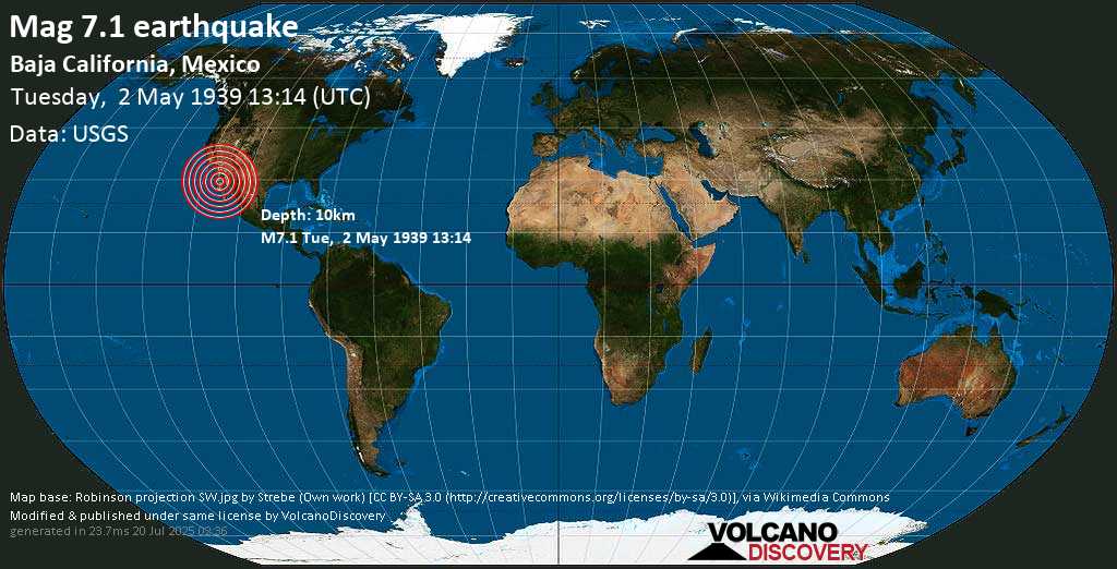 Major mag. 7.0 earthquake - Baja California, Mexico, on Tuesday, 2 May 1939 at 13:14 (GMT)