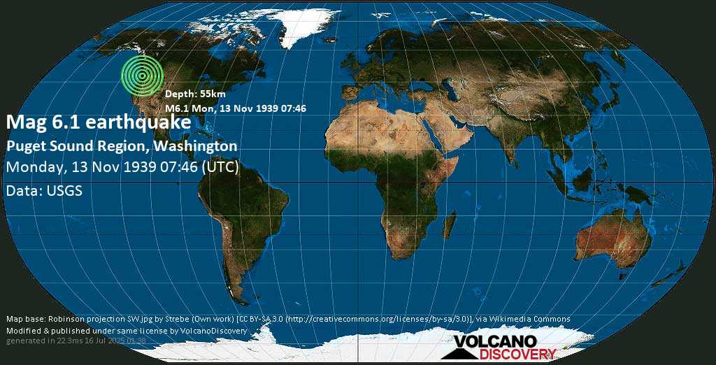 Strong mag. 5.8 earthquake - 4.1 mi northwest of Vashon, King County, Washington, USA, on Monday, November 13, 1939 at 07:45 GMT