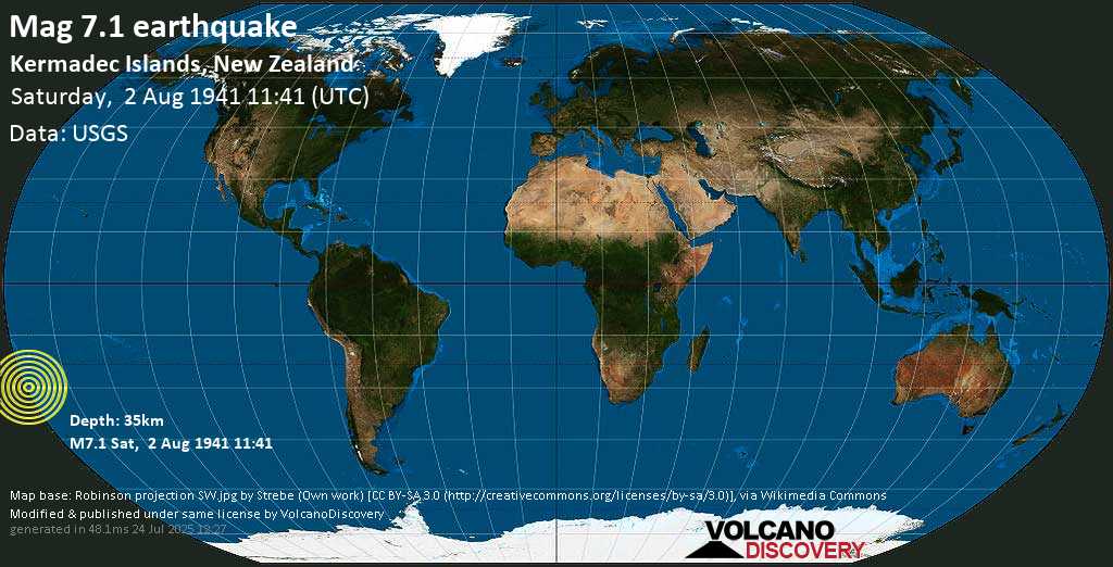 Major mag. 7.2 earthquake - Kermadec Islands, New Zealand, on Saturday, 2 August 1941 at 11:41 (GMT)