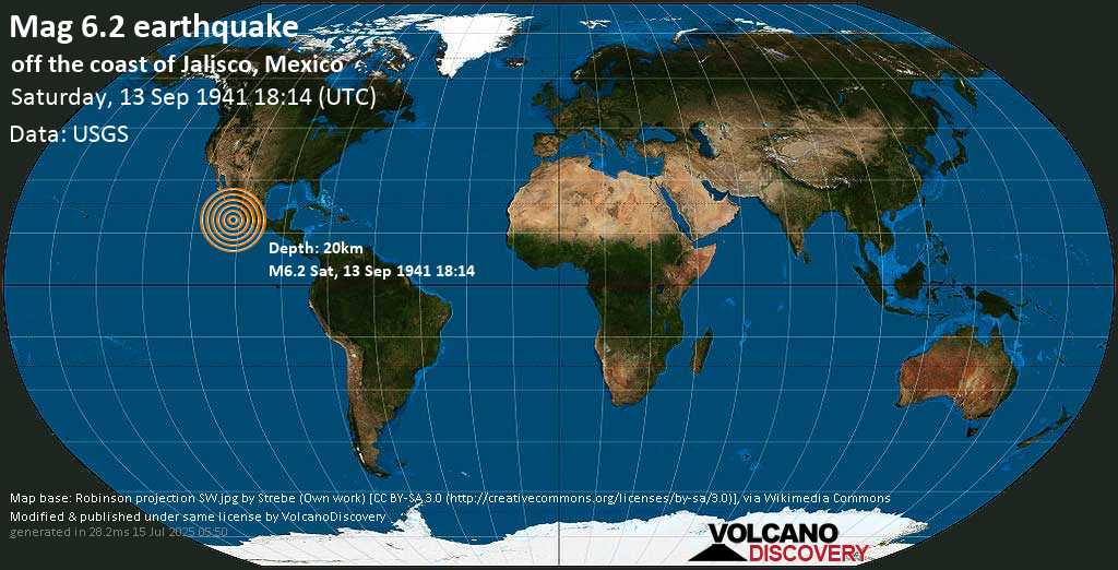 Strong mag. 6.3 earthquake - North Pacific Ocean, 801 km west of Mexico City, on Saturday, 13 September 1941 at 18:14 (GMT)