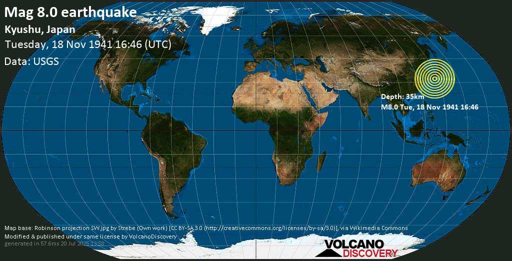 Major mag. 7.9 earthquake - Kyushu, Japan on Tuesday, 18 November 1941