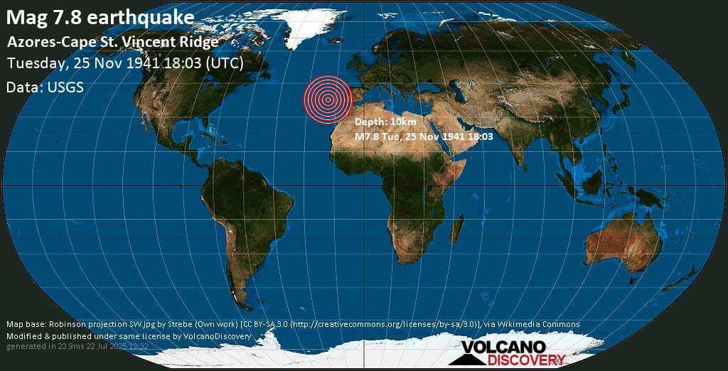 Great magnitude 8.0 earthquake - Azores-Cape St. Vincent Ridge on Tuesday, 25 November 1941 at 18:03 (GMT)