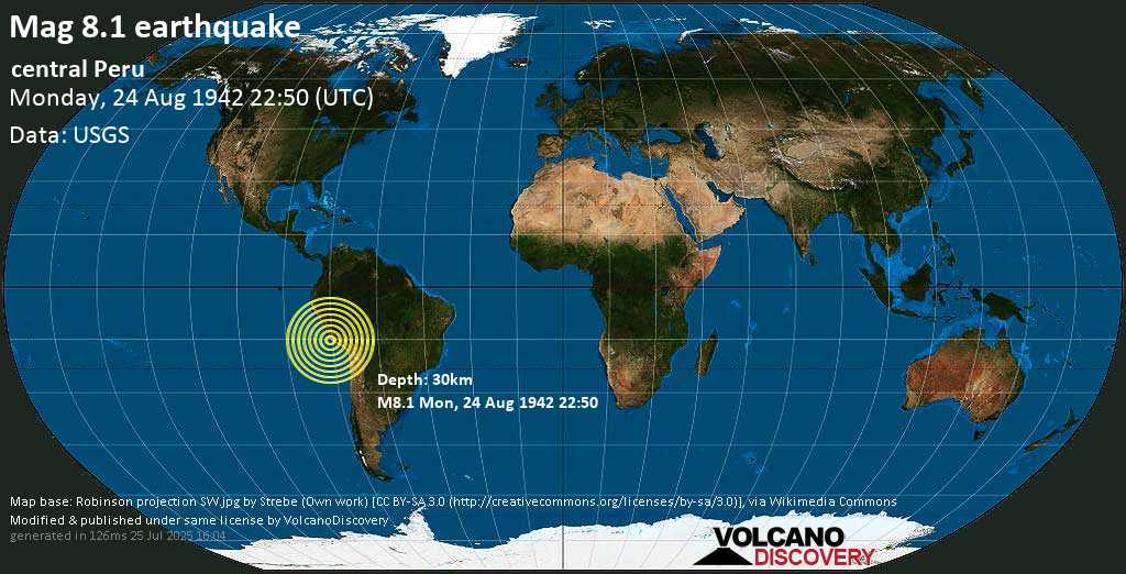 Great mag. 8.1 earthquake - Central Peru on Monday, 24 August 1942