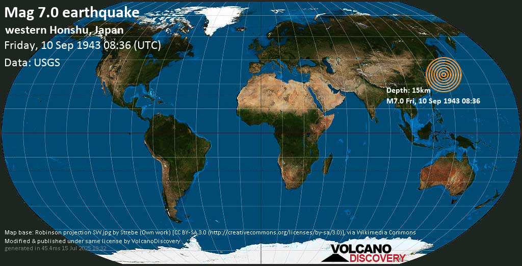 Major magnitude 7.0 earthquake - Tottori-shi, 16 km east of Kurayoshi, Tottori, Japan, on Friday, September 10, 1943 at 08:37 (GMT)