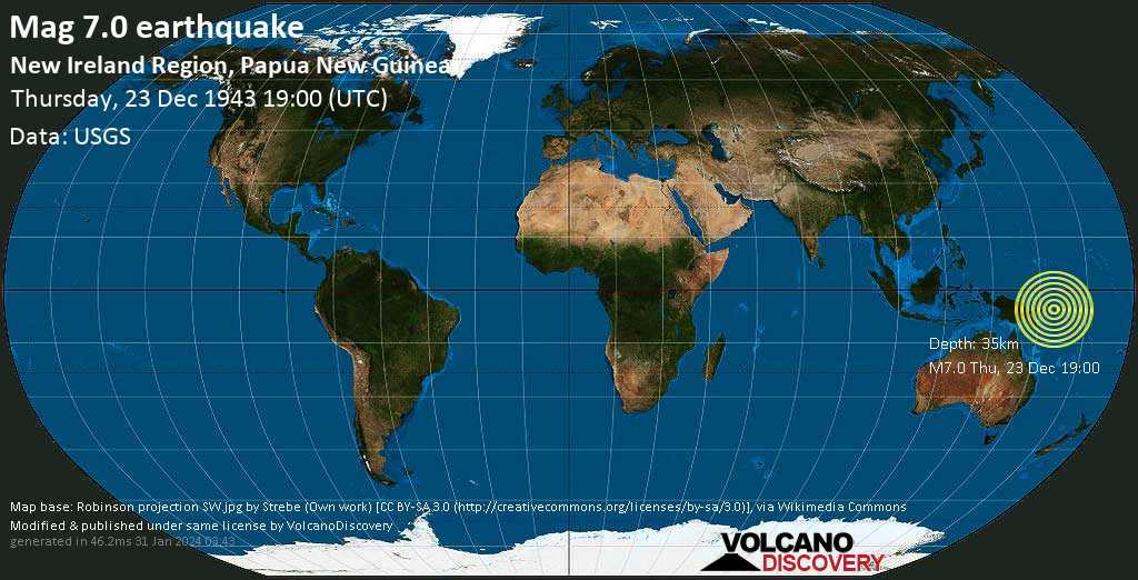Terremoto mayor magnitud 7.0 - 220 km SE of Kokopo, East New Britain Province, Papua New Guinea, jueves, 23 dic 1943 19:00 (GMT +0)