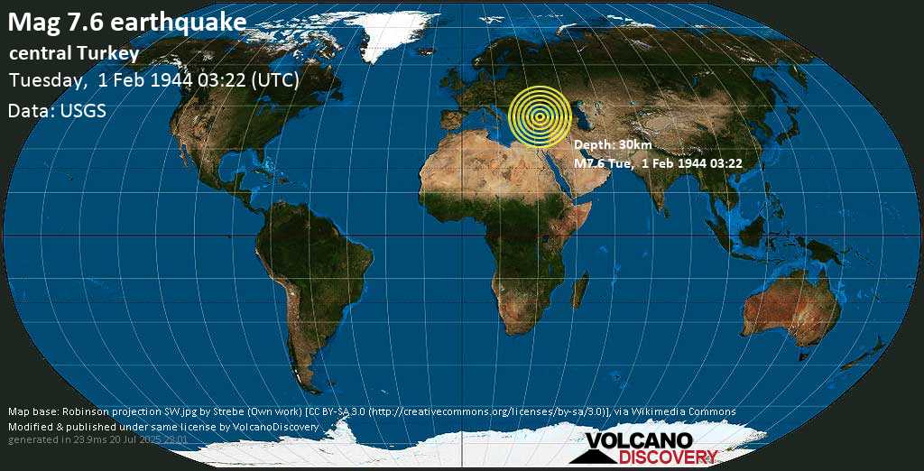 Major mag. 7.6 earthquake - Central Turkey on Tuesday, 1 February 1944
