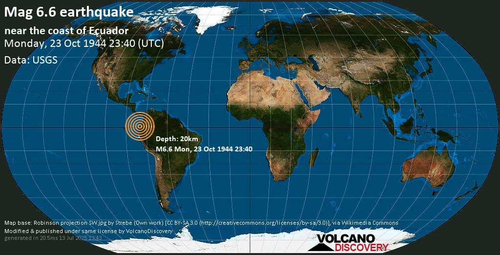 Very strong mag. 6.7 earthquake - 35 km northeast of Rosa Zarate, Canton Quinindé, Esmeraldas, Ecuador, on Monday, October 23, 1944 at 23:40 GMT