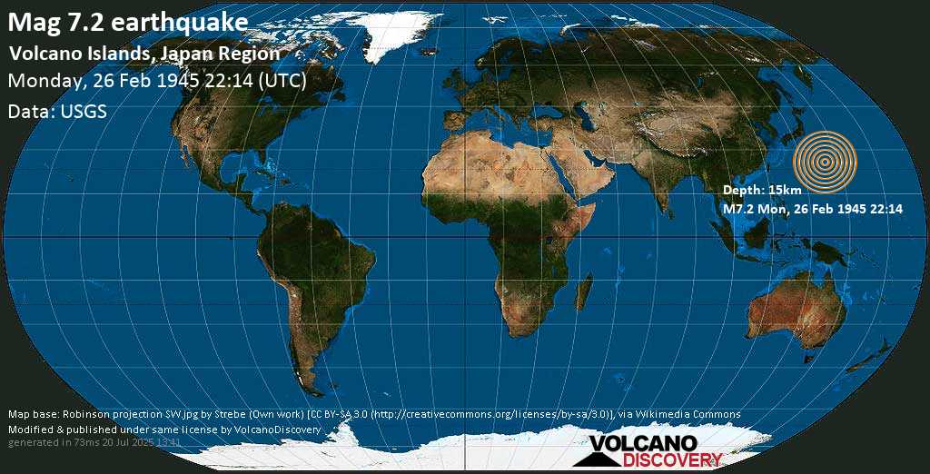 Major magnitude. 7.2 earthquake - Volcano Islands, Japan Region, on Monday, 26 February 1945 at 22:14 (GMT)