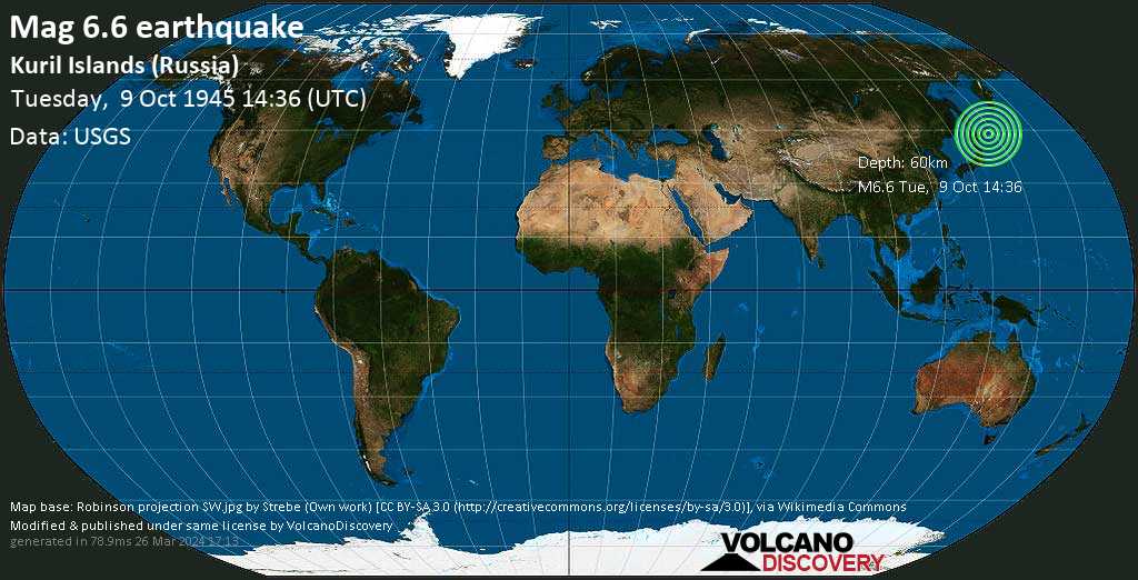 Strong mag. 6.6 earthquake - 41 km east of Shikotan, Sakhalin Oblast, Russia, on Tuesday, Oct 9, 1945 at 2:36 pm (GMT +0)