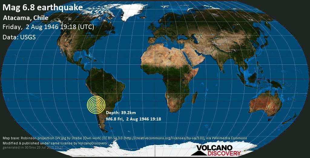 Forte terremoto magnitudine 6.9 - Atacama, Chile, venerdì, 02 agosto 1946